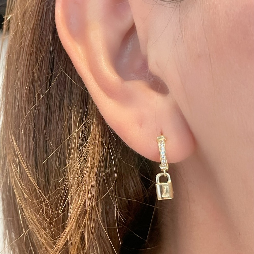 14k Yellow Gold Huggie Earrings with dangle Lock